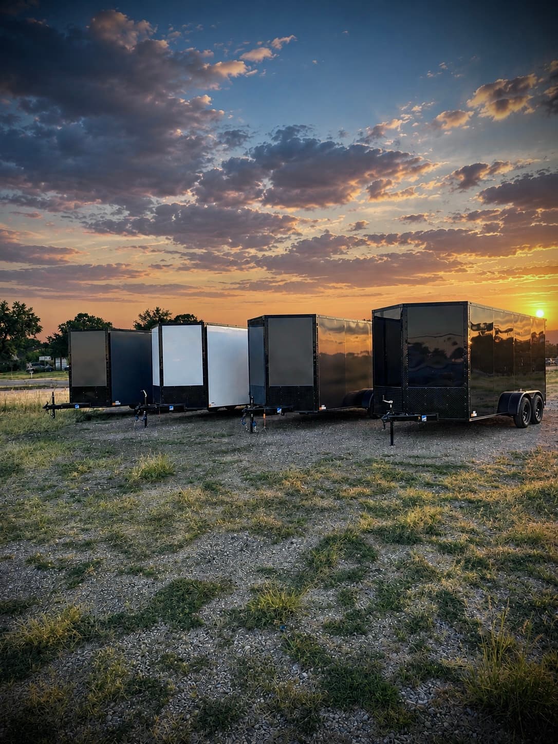 Car haulers and equipment trailers lined up on the Direct Trailer Supply lot in Arlington, Texas.